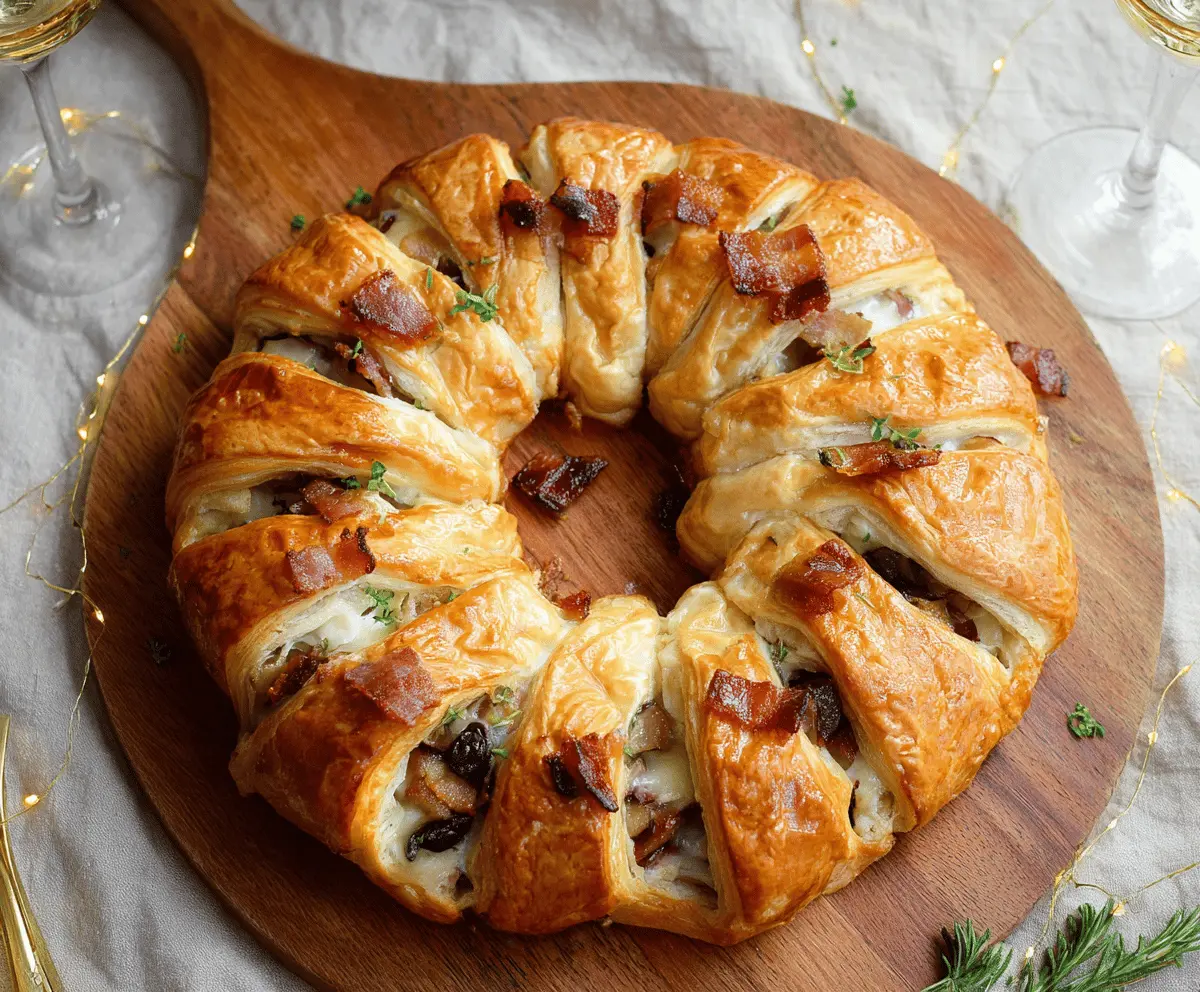 Delicious Bacon Brie Crescent Wreath with crispy bacon and creamy Brie cheese, perfect for appetizers.