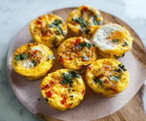 Healthy baked egg muffins with vegetables and cheese in a baking cup.