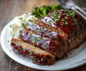 Delicious Balsamic Glazed Meatloaf served on a plate with fresh herbs