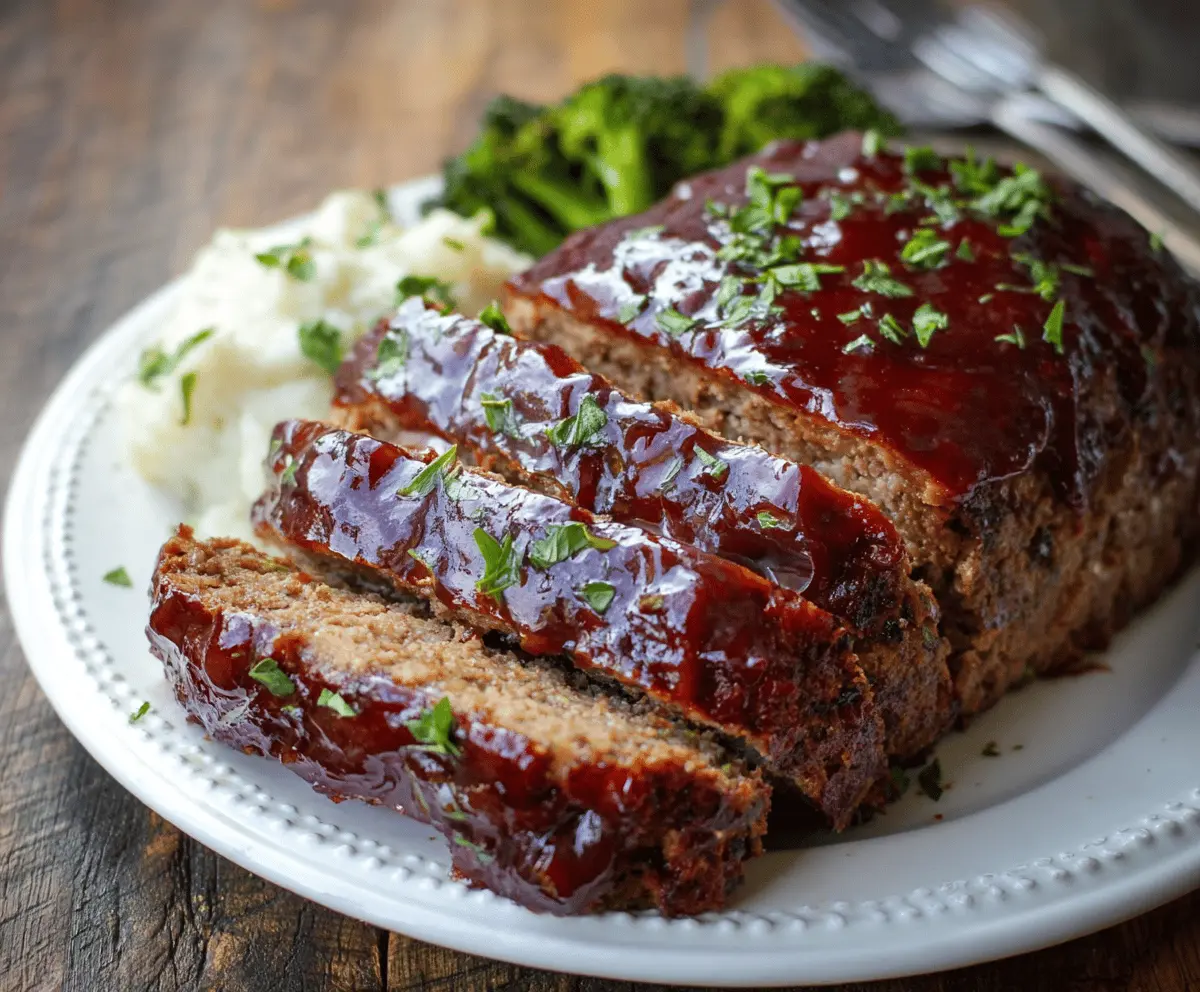 Delicious Balsamic Glazed Meatloaf served on a plate with fresh herbs