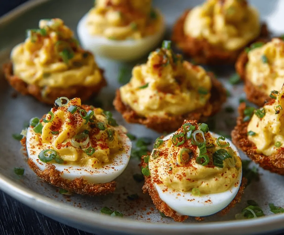 Bayou-Inspired Deviled Eggs garnished with fresh herbs on a rustic plate for a Louisiana-themed appetizer.