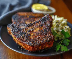 Juicy blackened pork chops cooked to perfection on a rustic wooden table.
