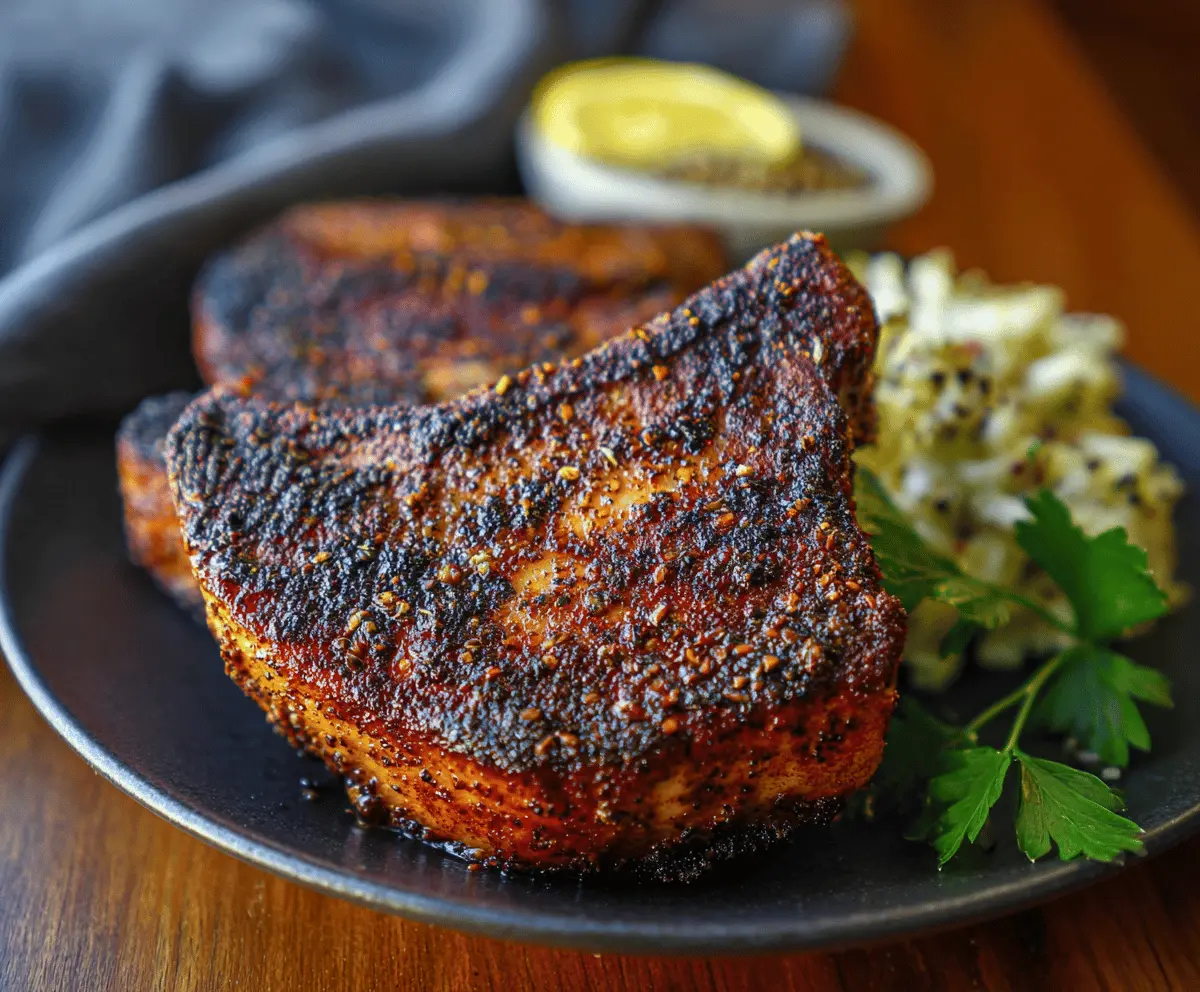 Juicy blackened pork chops cooked to perfection on a rustic wooden table.