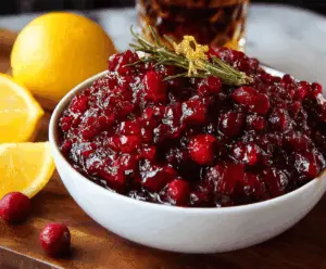 Bourbon Cranberry Sauce served in a glass bowl with fresh cranberries and orange zest.