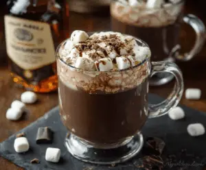 A warm mug of Bourbon Spiked Hot Chocolate topped with whipped cream and marshmallows, perfect for winter evenings.