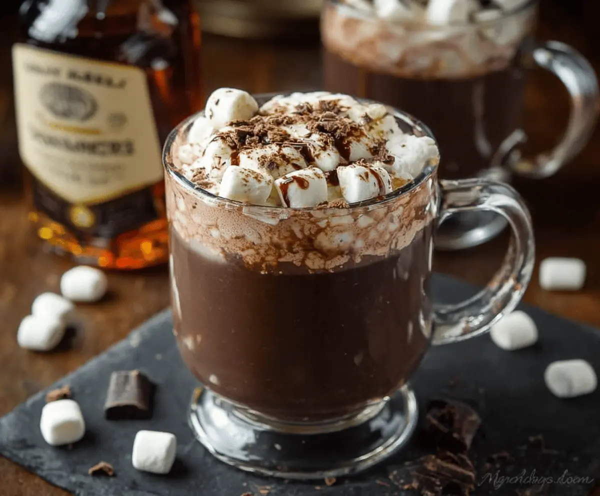 A warm mug of Bourbon Spiked Hot Chocolate topped with whipped cream and marshmallows, perfect for winter evenings.
