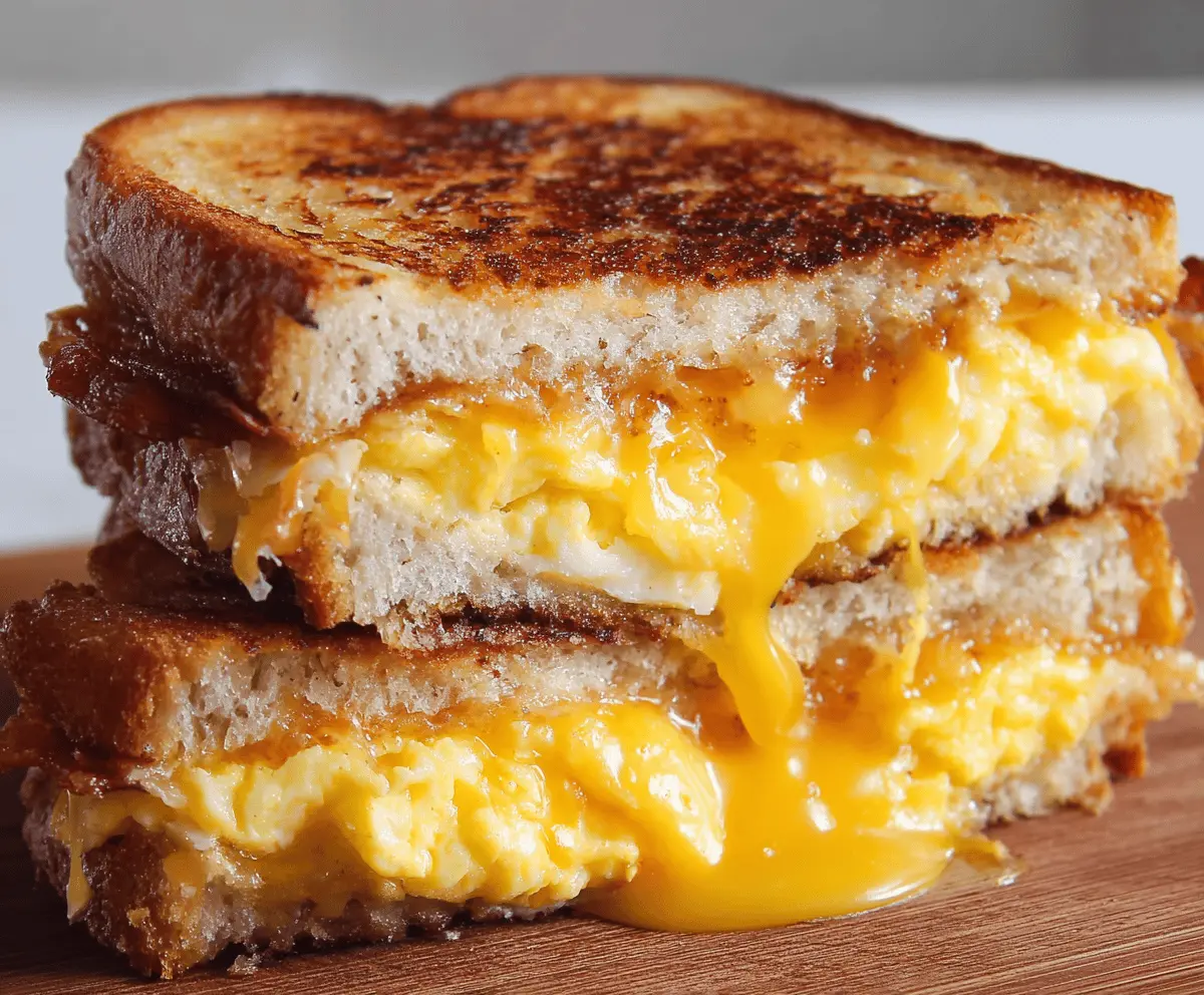 Delicious breakfast grilled cheese sandwich with melted cheese and crispy toast on a plate.