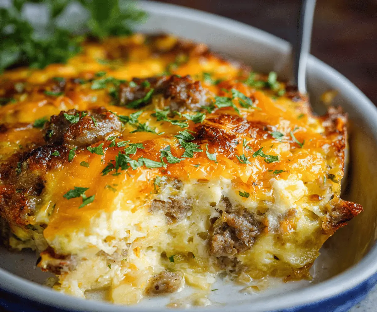 Delicious Breakfast Sausage Casserole with eggs, cheese, and breakfast sausages in a baked dish.