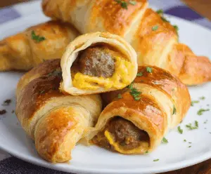 Golden Breakfast Sausage Crescent Rolls fresh out of the oven with crispy edges and savory sausage filling.