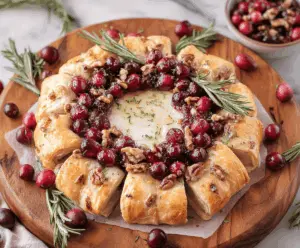 Delicious Brie Cranberry Wreath appetizer with melted cheese and fresh cranberries on a festive platter