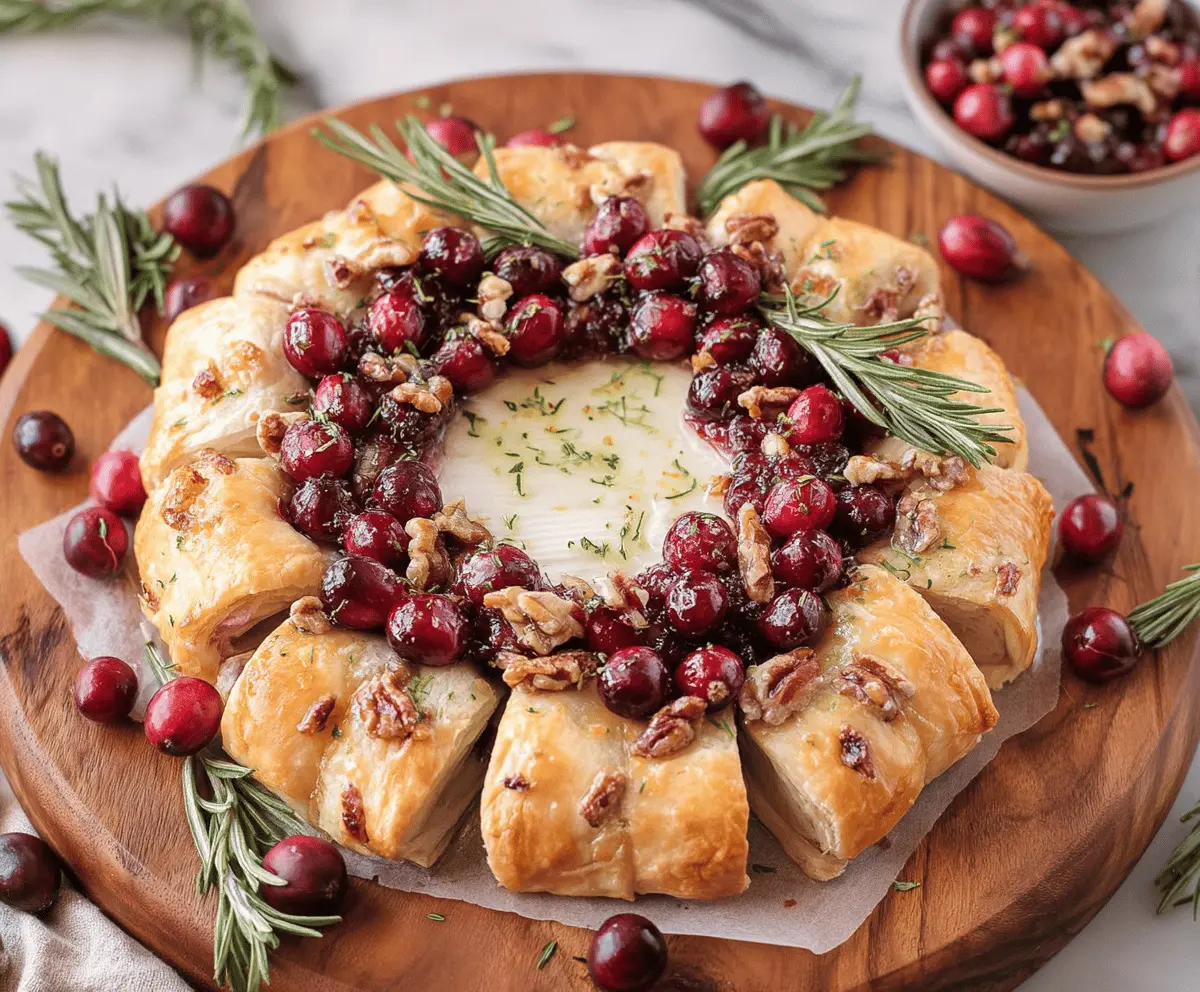 Delicious Brie Cranberry Wreath appetizer with melted cheese and fresh cranberries on a festive platter