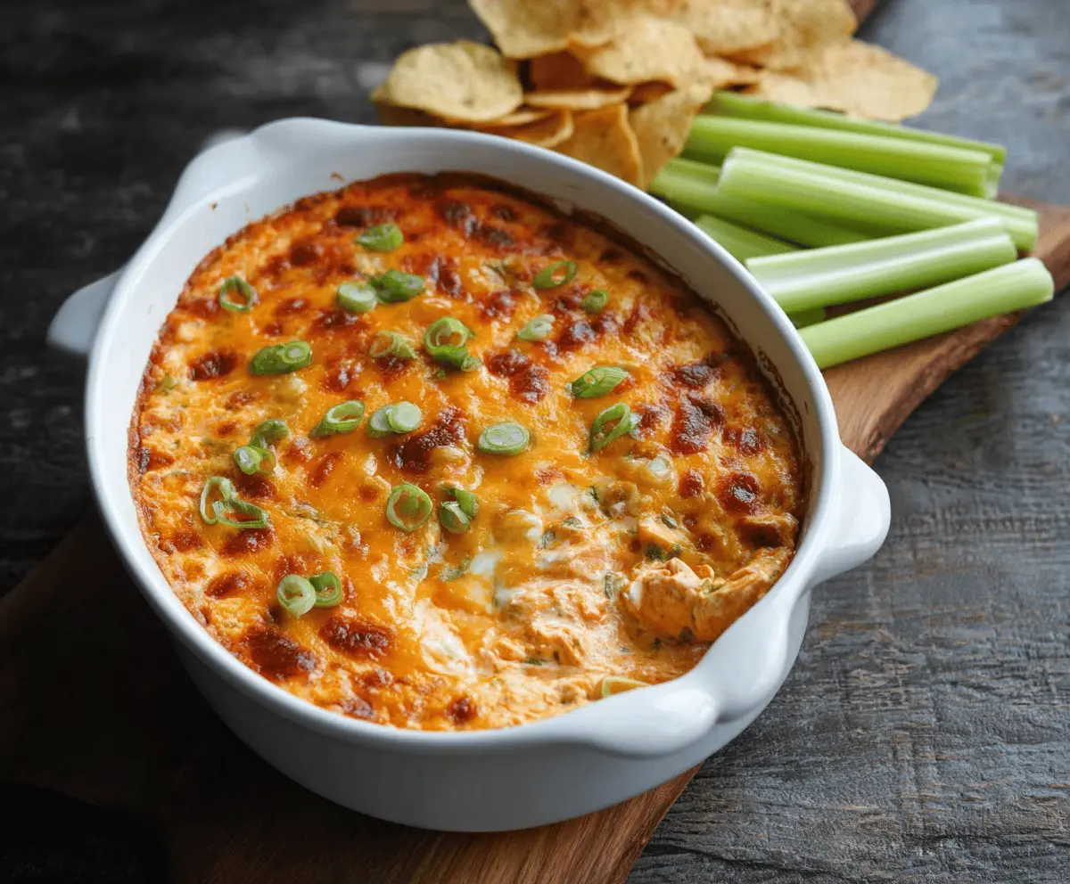 Creamy Buffalo Chicken Dip served with celery and crackers, perfect for parties.