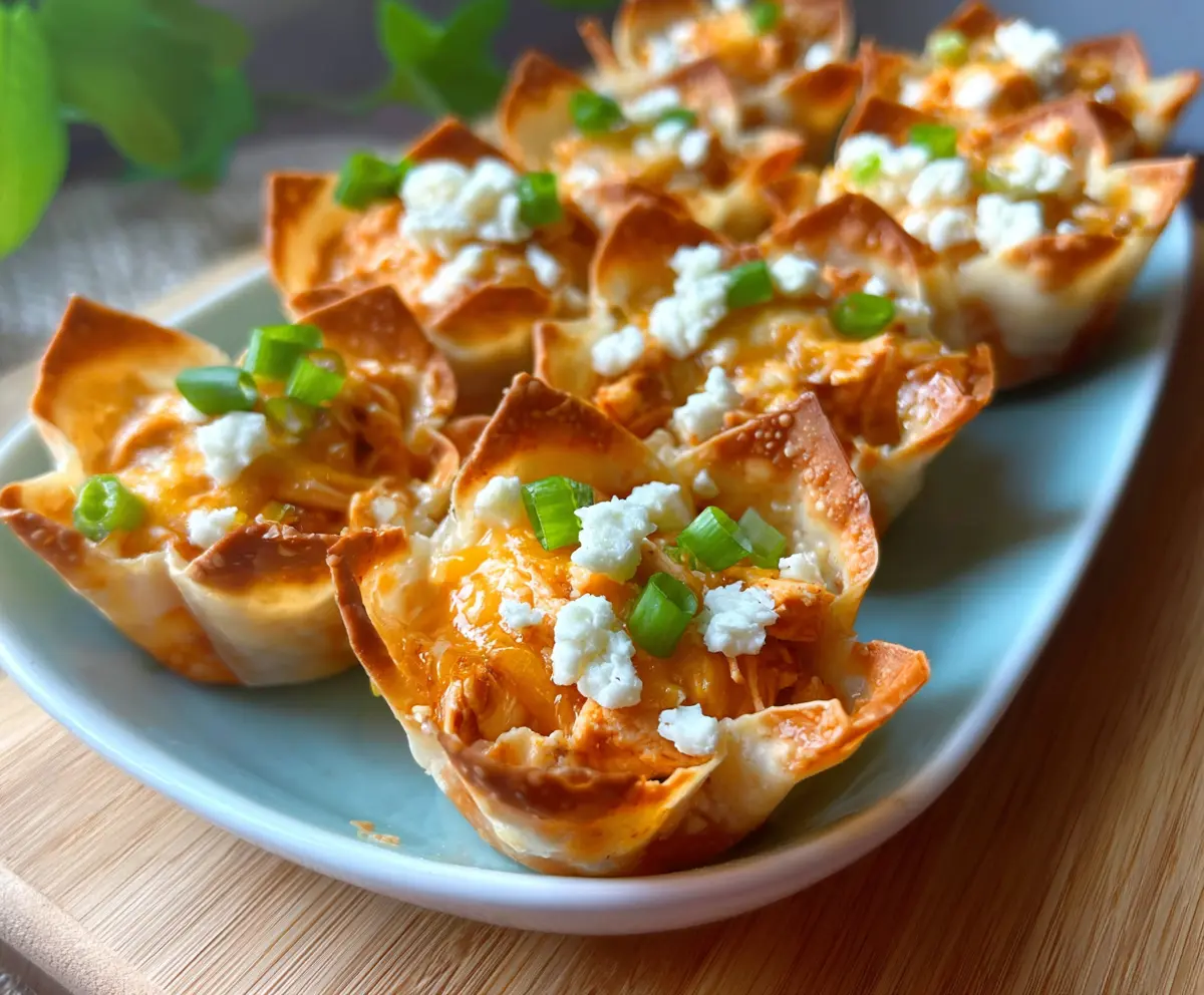 Delicious Buffalo Chicken Wonton Cups with crispy shells and spicy filling, perfect for appetizers.