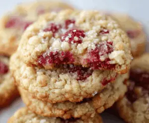 Delicious buttery raspberry crumble cookies with a golden crust and vibrant raspberry filling