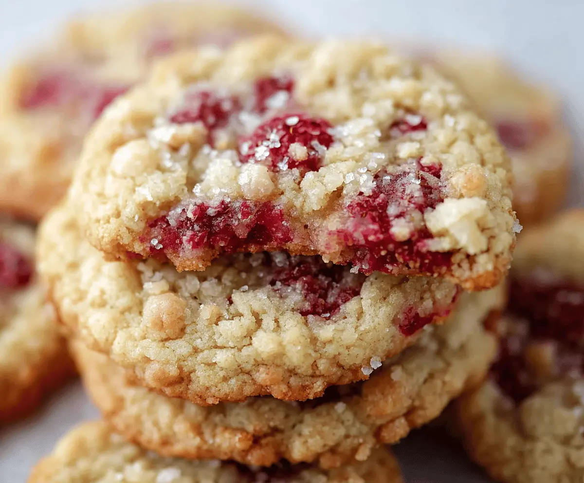 Delicious buttery raspberry crumble cookies with a golden crust and vibrant raspberry filling