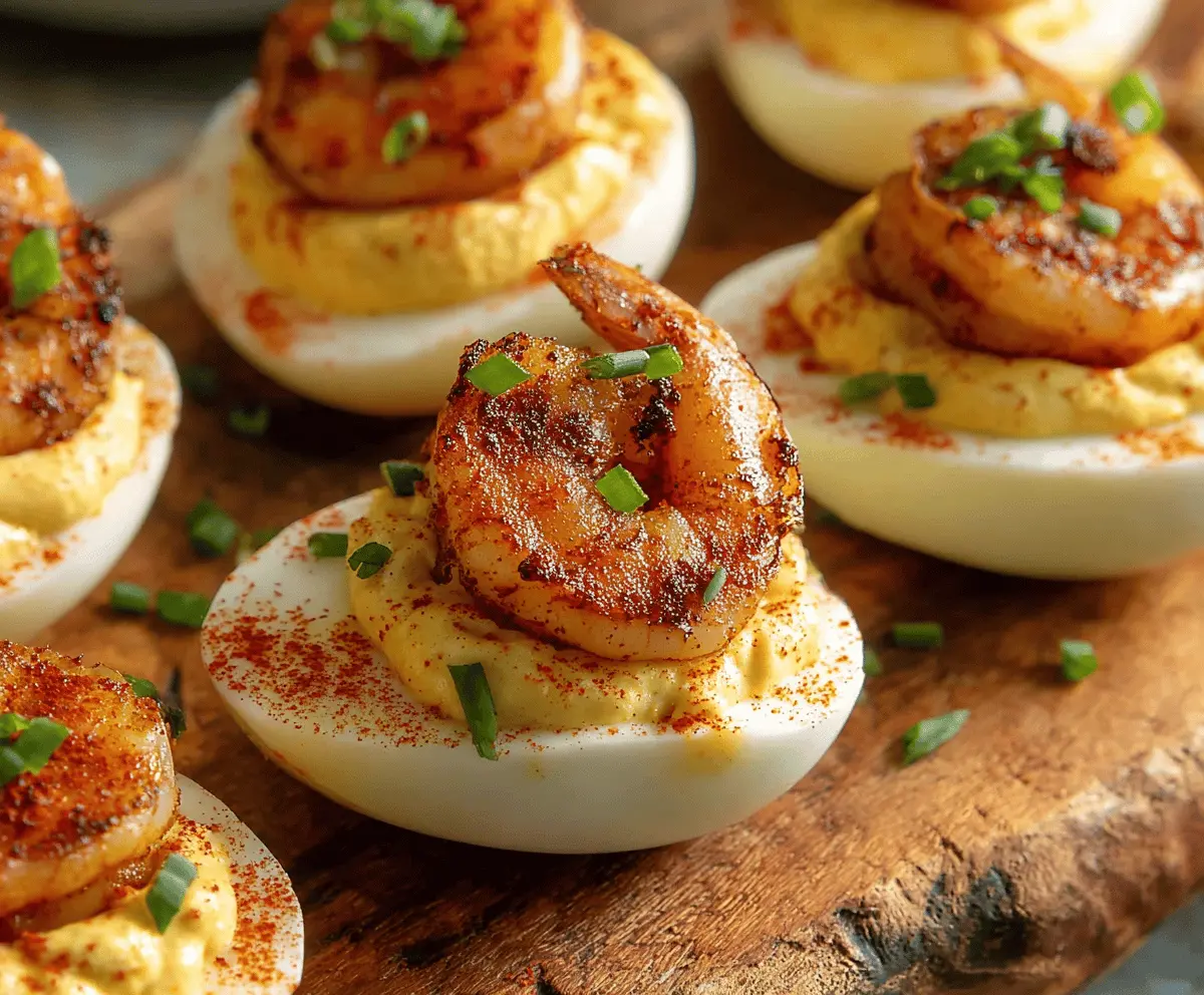 Delicious Cajun Shrimp Deviled Eggs garnished with herbs on a white plate.