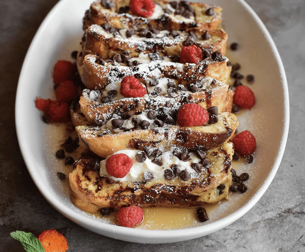 Delicious Cannoli French Toast topped with powdered sugar and fresh fruit