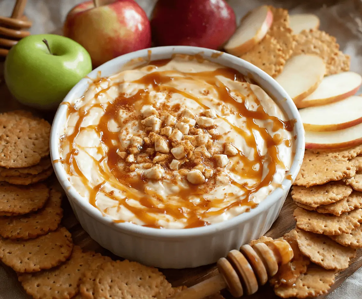 Delicious caramel apple dip served with fresh apple slices, perfect for fall desserts.