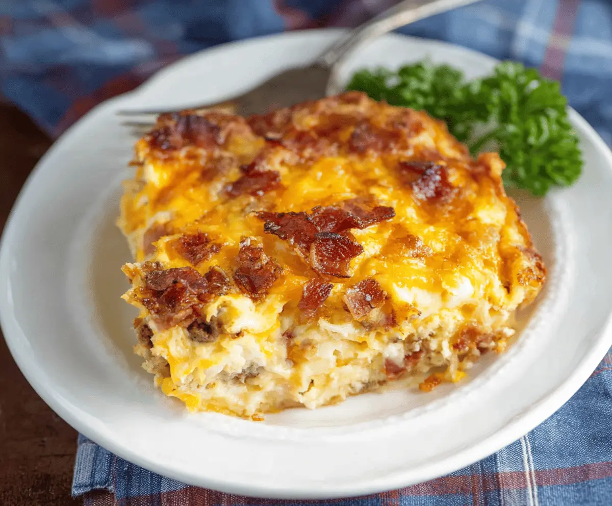Delicious Cheesy Amish Breakfast Casserole with eggs, cheese, and breakfast meats served in a baking dish.