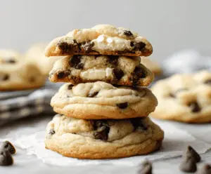 Delicious chocolate chip cheesecake cookies with creamy filling and chocolate chunks.