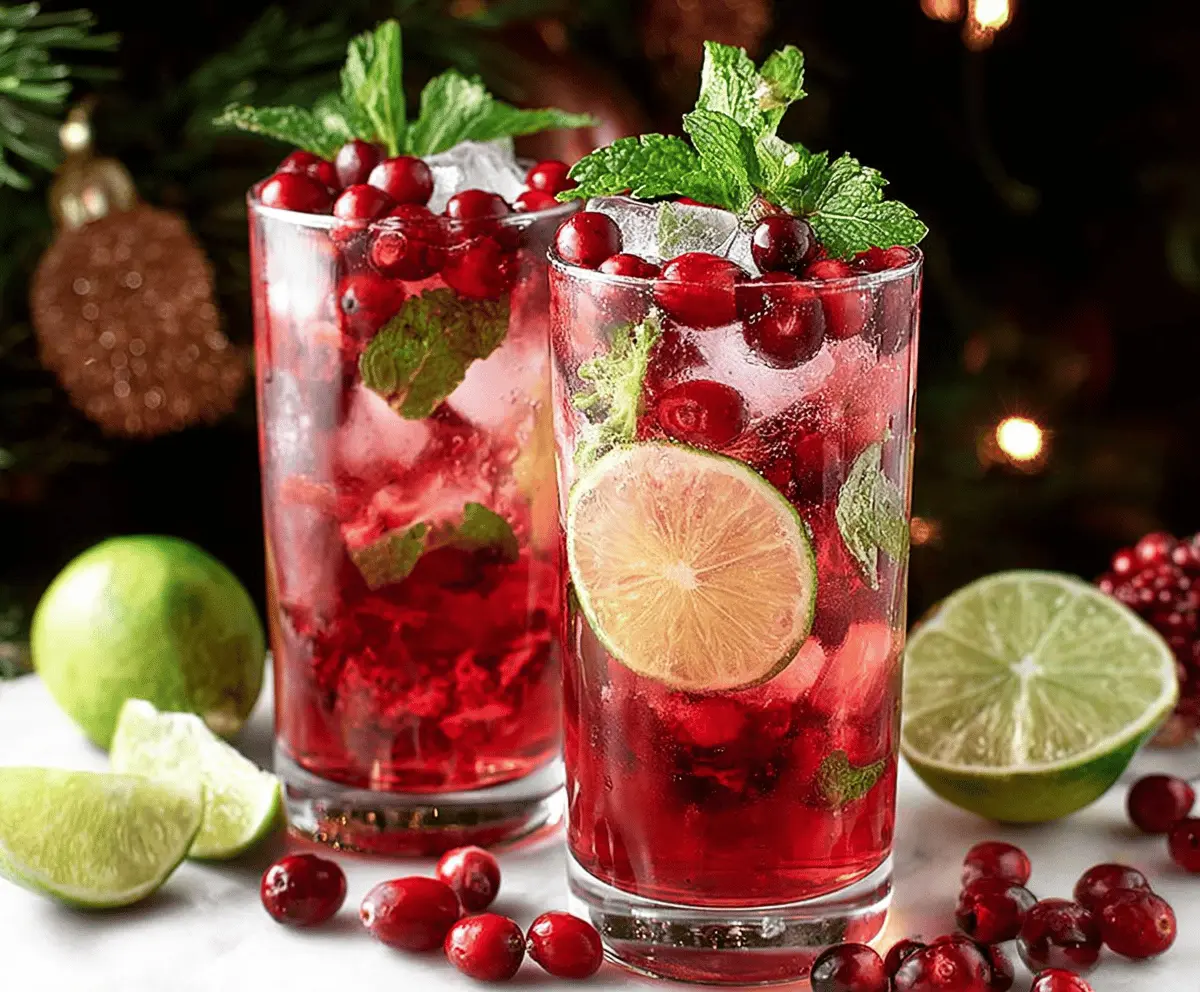 Festive Christmas Cranberry Mojito in a glass with fresh cranberries and mint leaves
