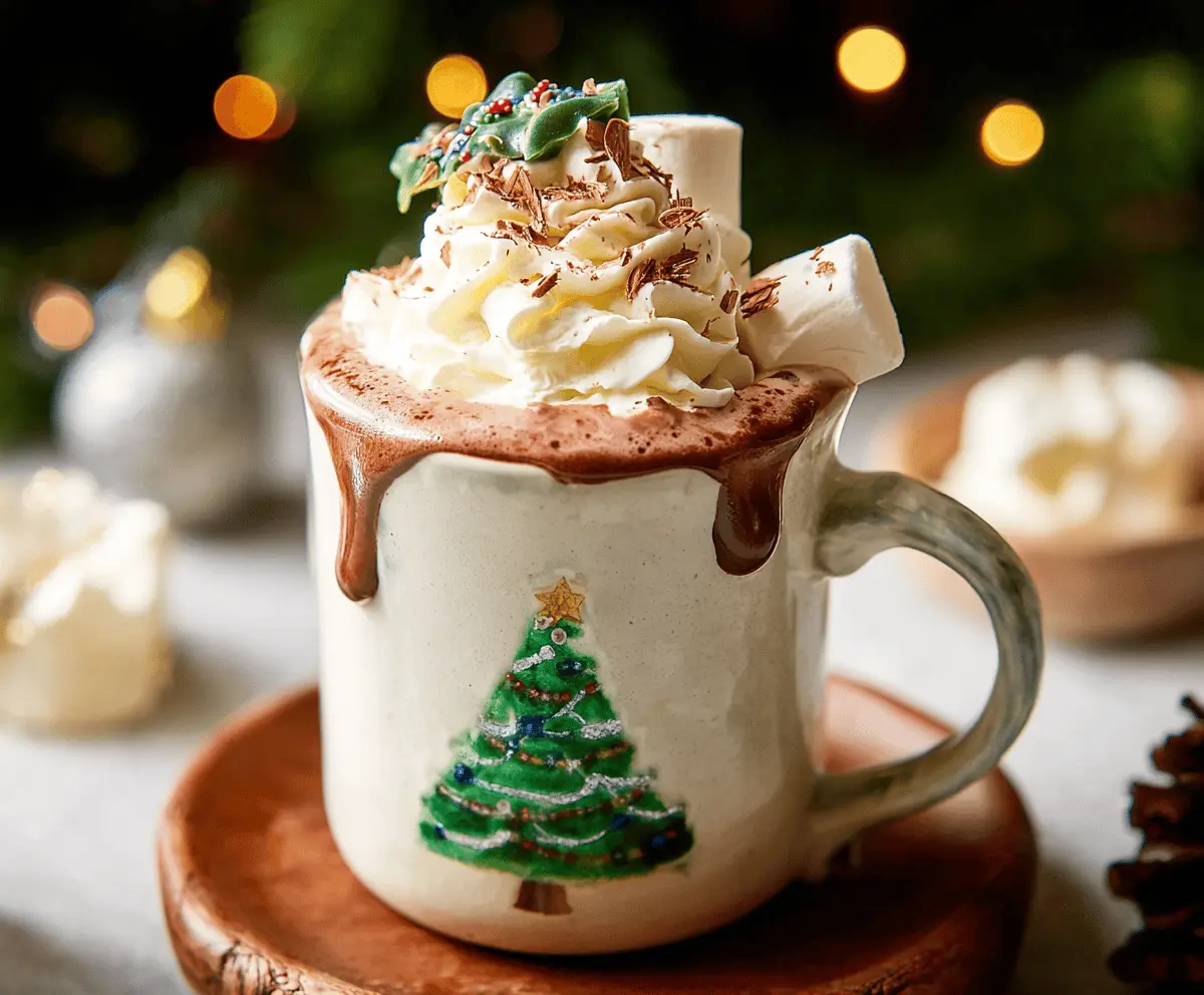 Delicious Christmas hot chocolate topped with whipped cream and holiday sprinkles in a festive mug.