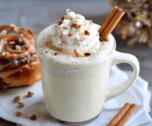 Creamy cinnamon bun white hot chocolate in a mug topped with whipped cream and cinnamon