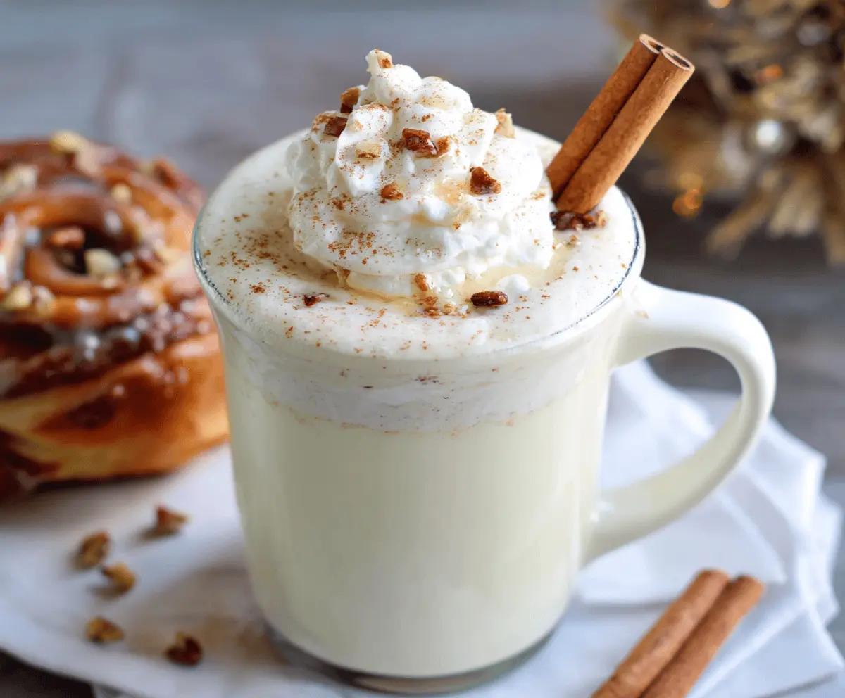 Creamy cinnamon bun white hot chocolate in a mug topped with whipped cream and cinnamon