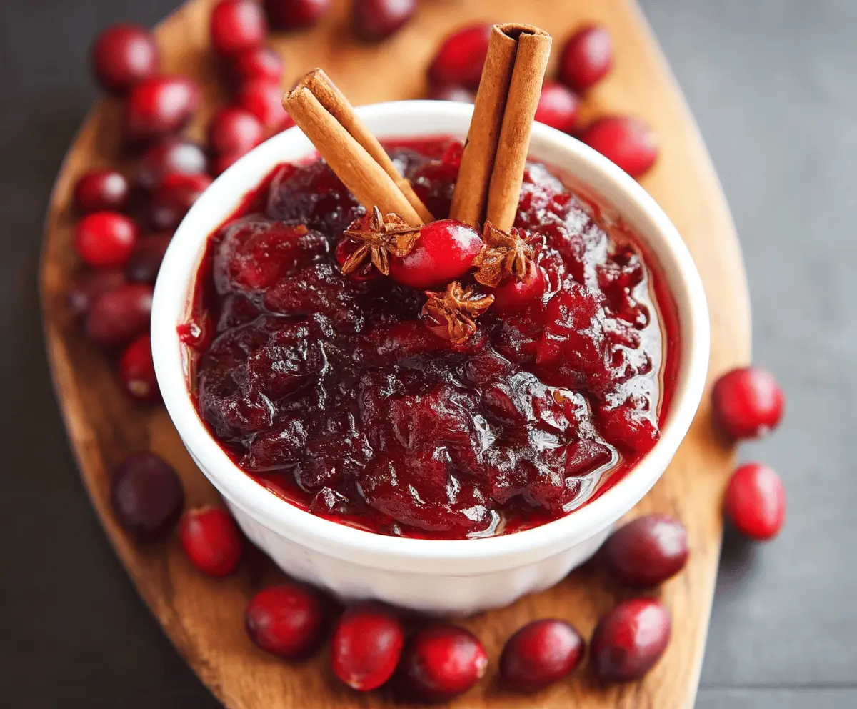 Homemade cinnamon cranberry sauce served in a bowl, perfect for holiday desserts.