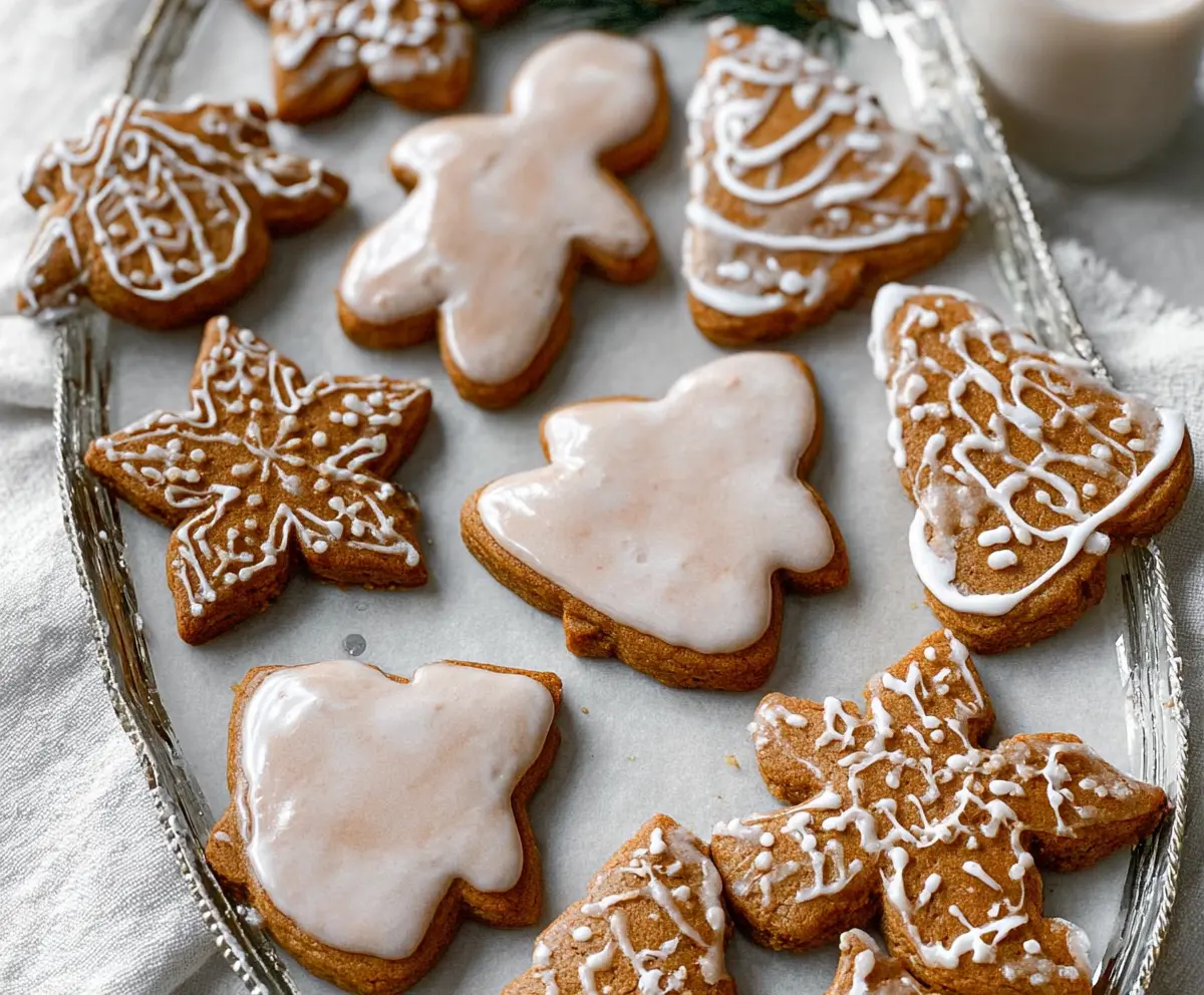 Delicious cinnamon iced gingerbread cookies with festive decorations on a holiday plate.