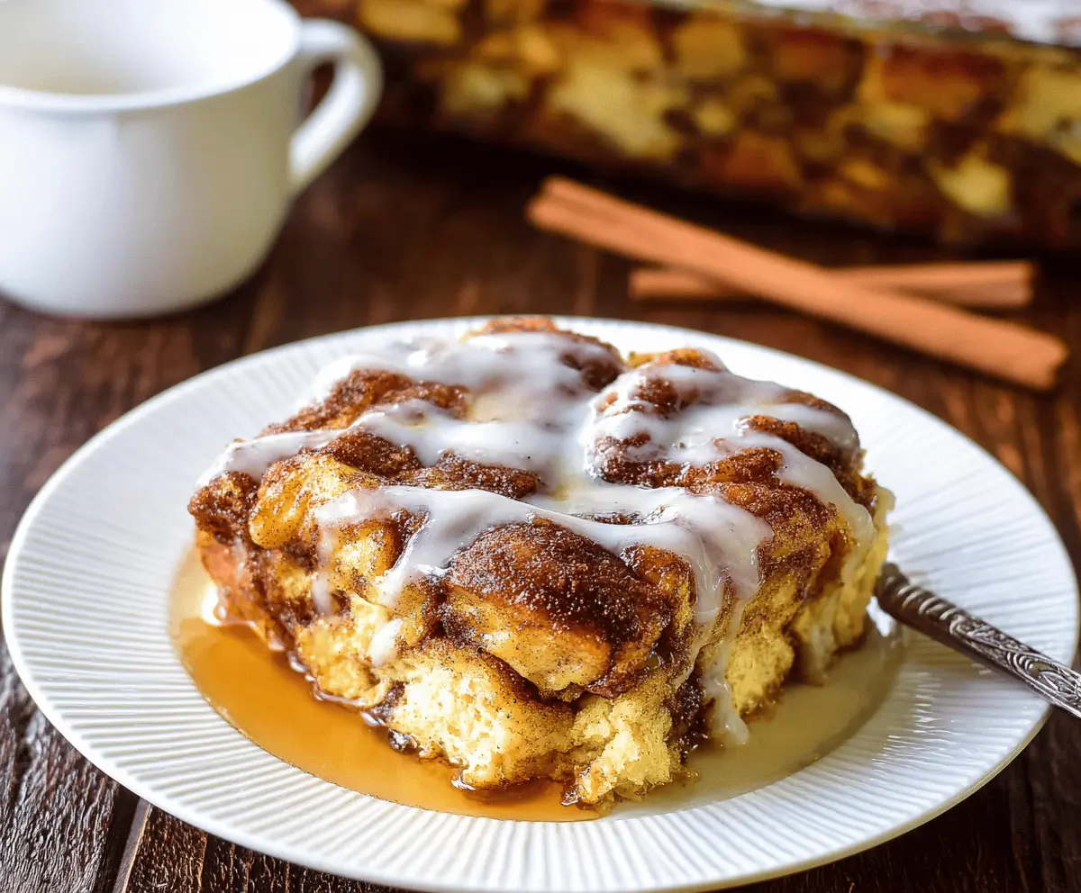 Delicious Cinnamon Roll French Toast Casserole topped with icing and cinnamon for a sweet breakfast treat.