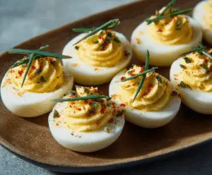 Traditional deviled eggs with creamy filling and paprika topping on a white plate