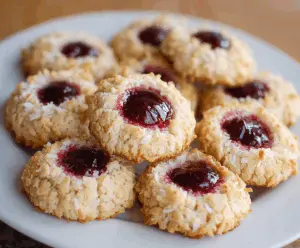 Delicious coconut raspberry thumbprint cookies on a white plate, showcasing golden-baked cookie with raspberry jam filling and shredded coconut topping.