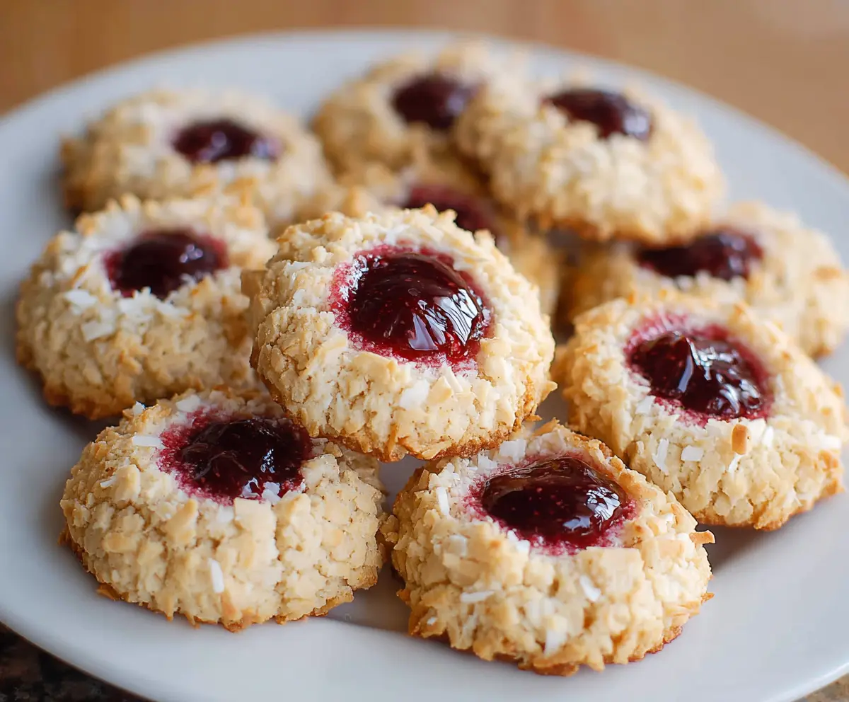 Delicious coconut raspberry thumbprint cookies on a white plate, showcasing golden-baked cookie with raspberry jam filling and shredded coconut topping.