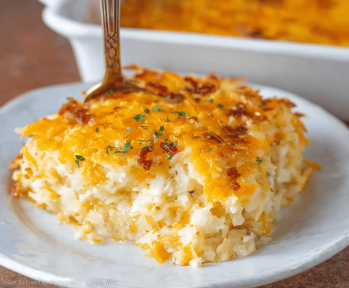 Delicious Cracker Barrel Hashbrown Casserole with golden brown top served in a white baking dish