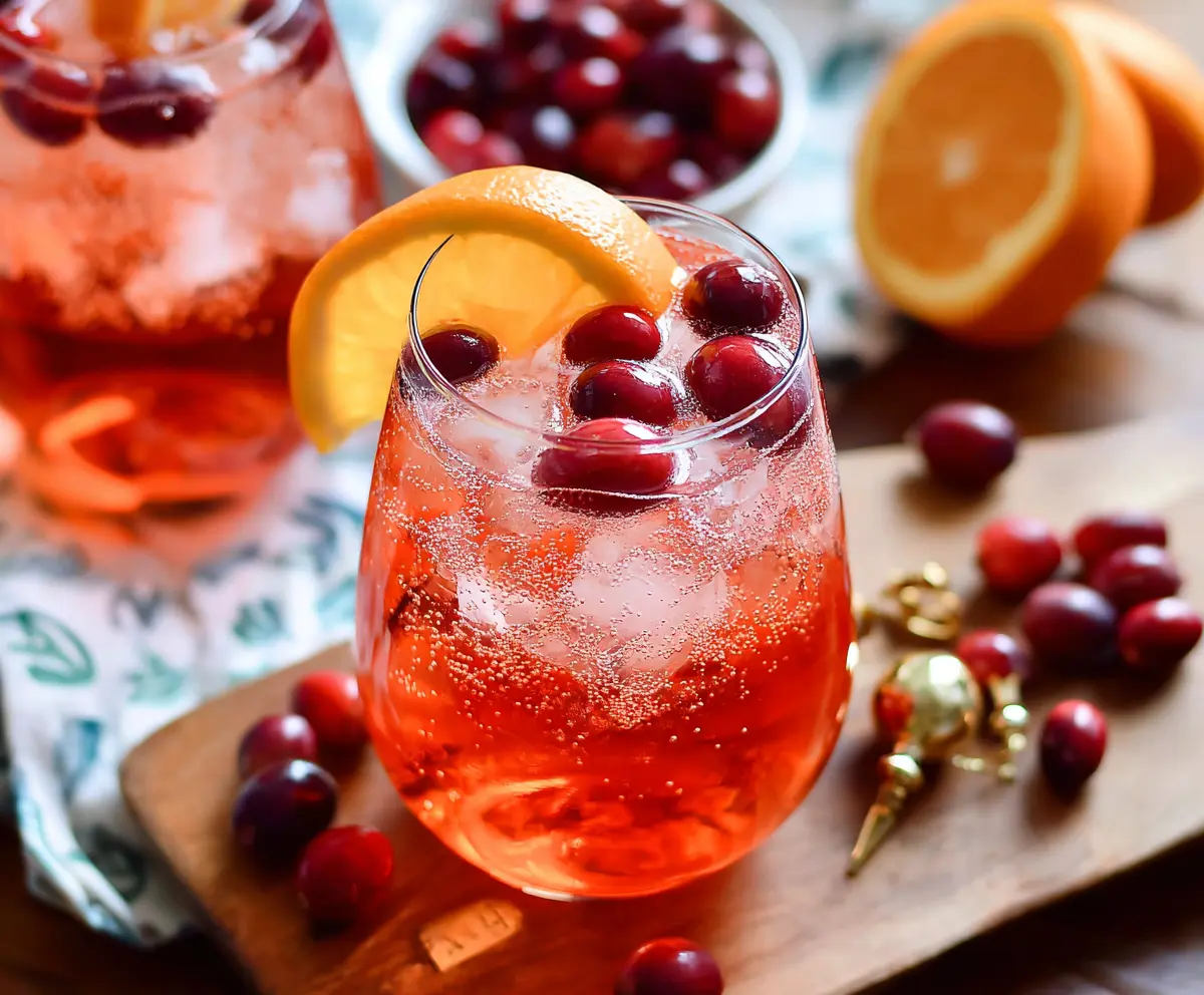 Refreshing Cranberry Aperol Spritz in a glass garnished with fresh cranberries and orange slices