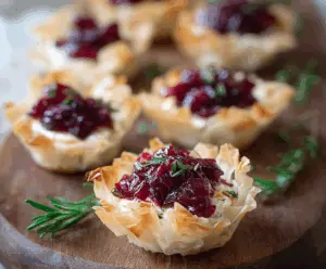 Cranberry Brie Phyllo Cups on a platter, featuring crispy golden layers filled with creamy brie and vibrant cranberry topping.