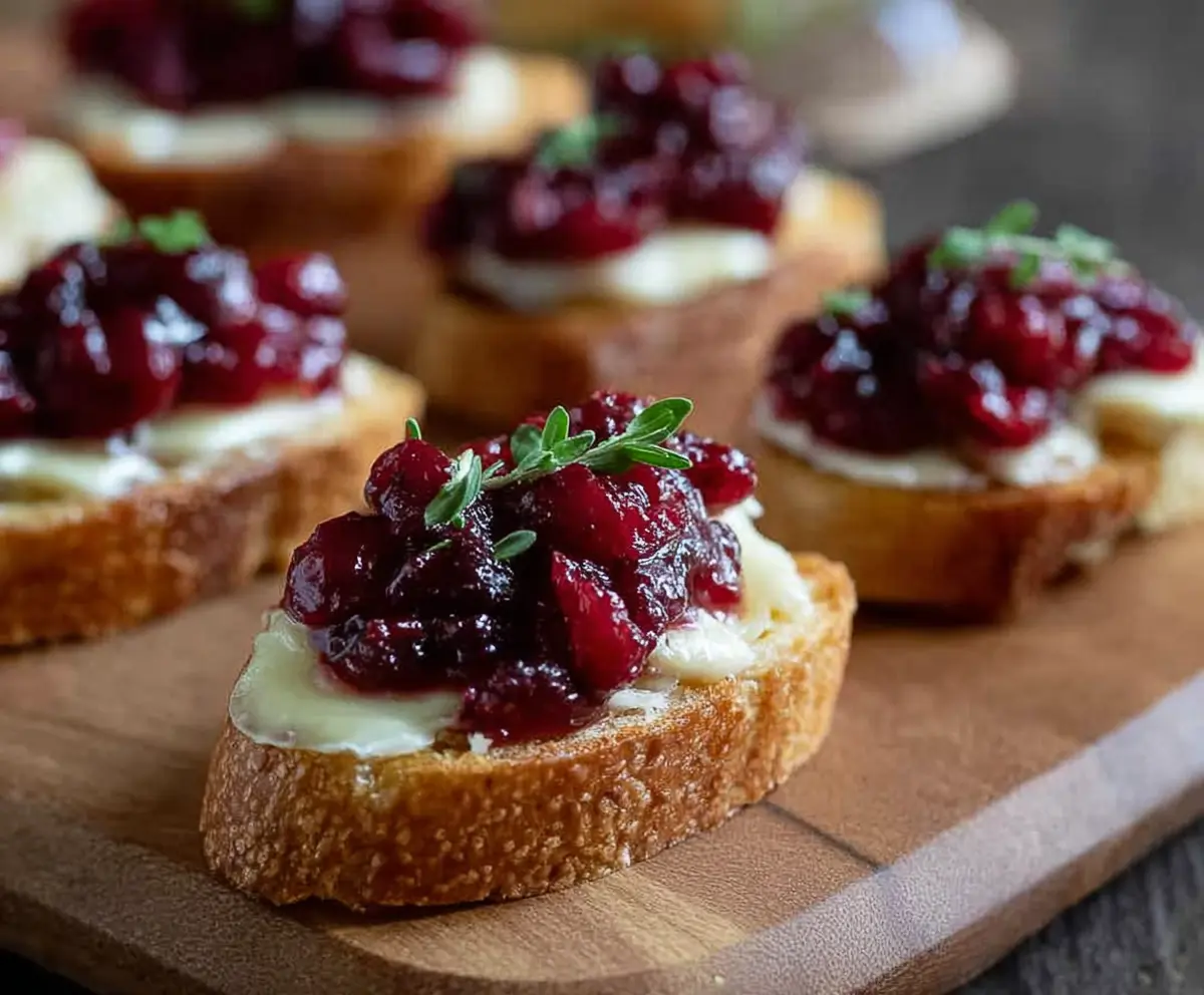 Cranberry Brie Toast with fresh cranberries and melted Brie cheese served on a rustic wooden board