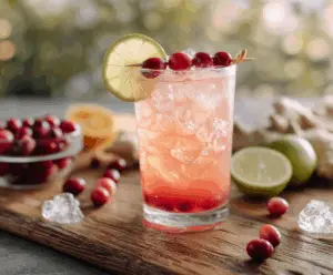Refreshing Cranberry Ginger Paloma cocktail garnished with fresh cranberries and a lime wedge.