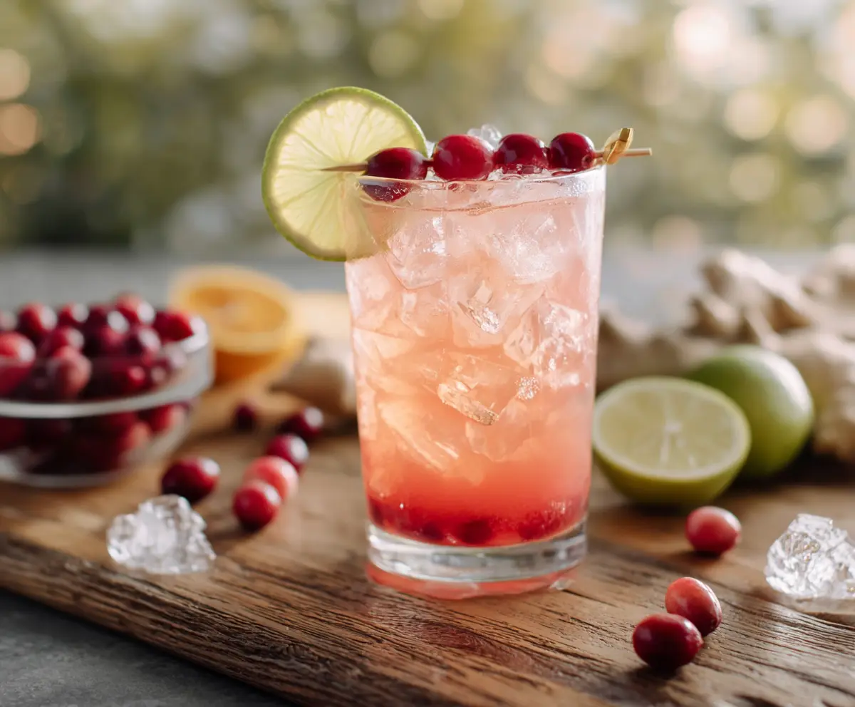 Refreshing Cranberry Ginger Paloma cocktail garnished with fresh cranberries and a lime wedge.