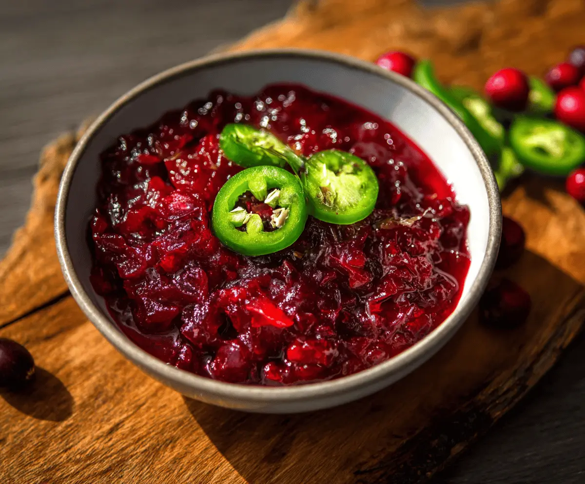 Spicy cranberry jalapeño sauce in a bowl, perfect for holiday dishes.