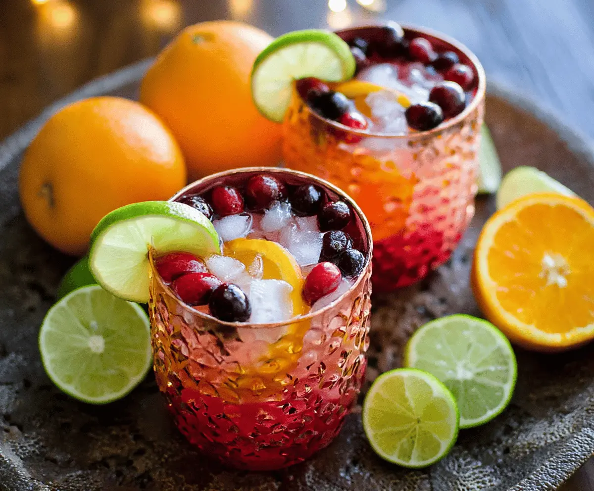 Refreshing Cranberry Orange Moscow Mule cocktail garnished with fresh cranberries and orange slices.