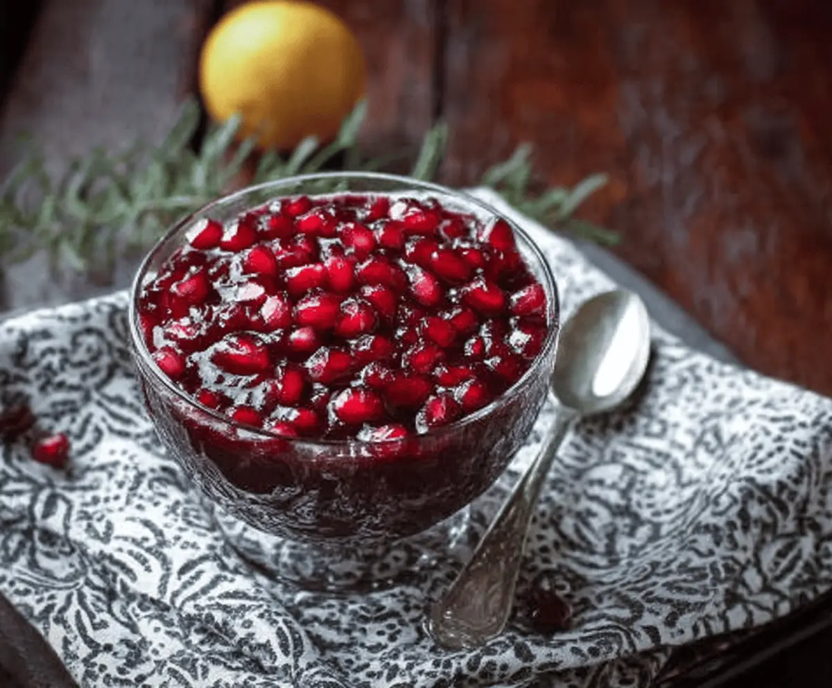 Delicious homemade cranberry pomegranate sauce in a glass bowl, perfect for holiday dinners.