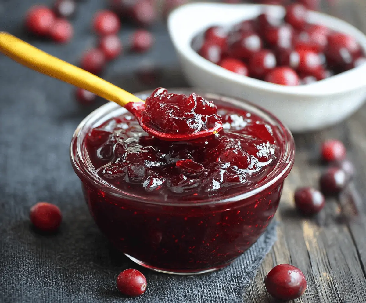 Homemade cranberry vanilla sauce in a clear bowl, garnished with fresh cranberries and vanilla beans