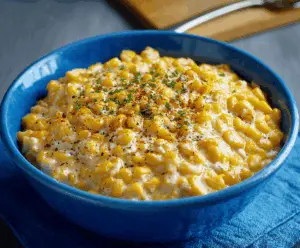 Delicious creamy creamed corn served in a bowl, garnished with herbs.