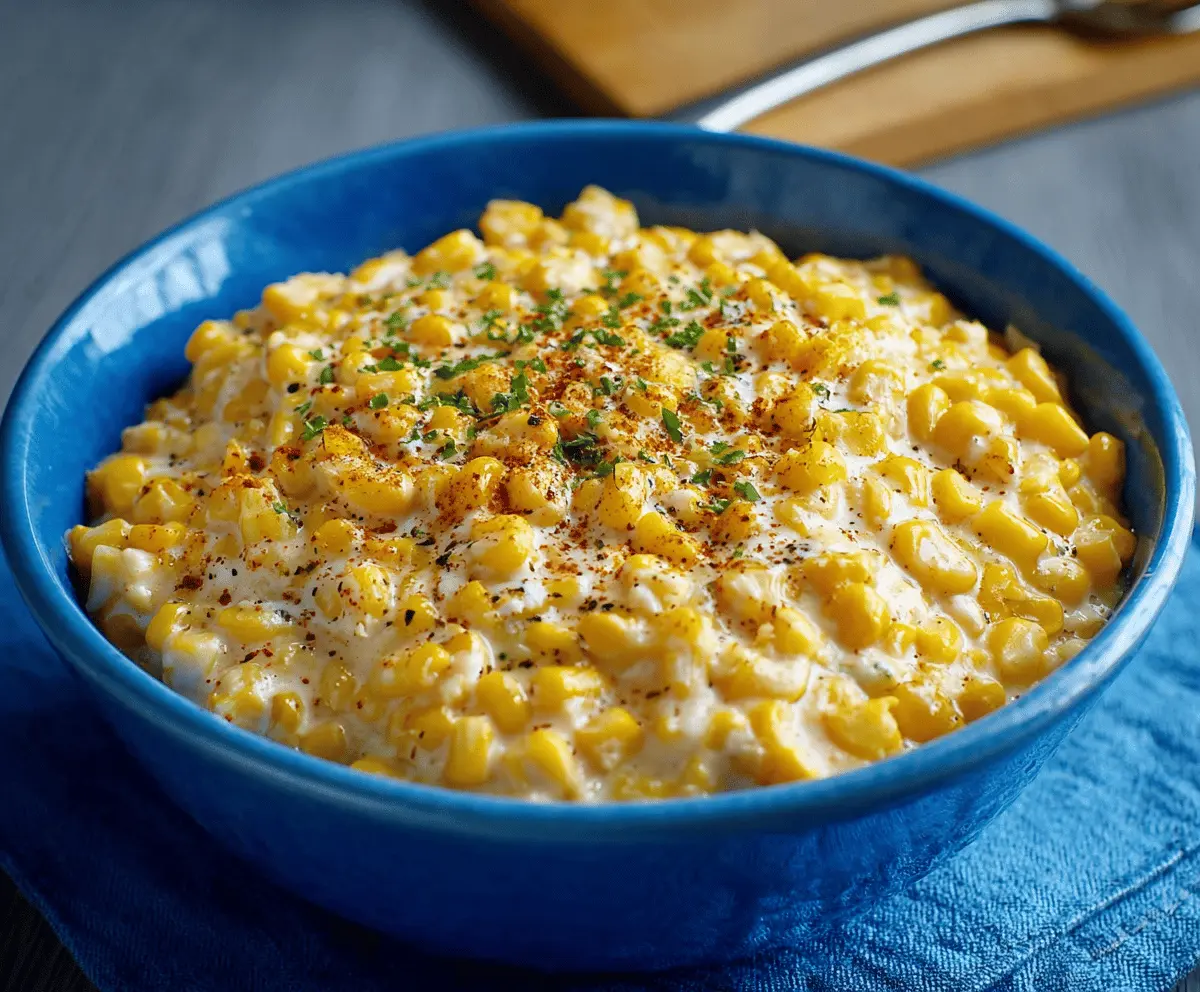 Delicious creamy creamed corn served in a bowl, garnished with herbs.