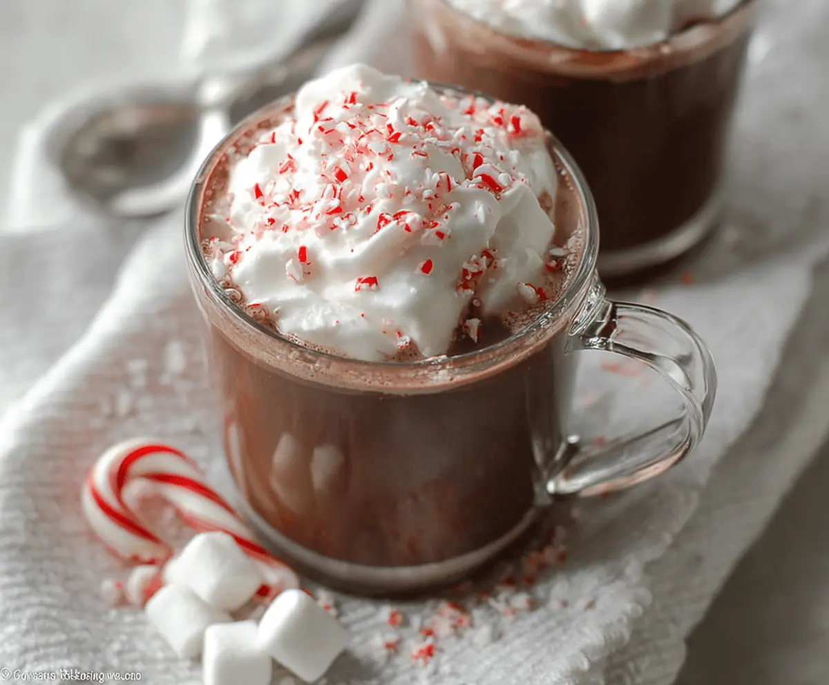 Creamy Crockpot Peppermint Hot Chocolate topped with whipped cream and peppermint candies, perfect for winter cozy evenings.