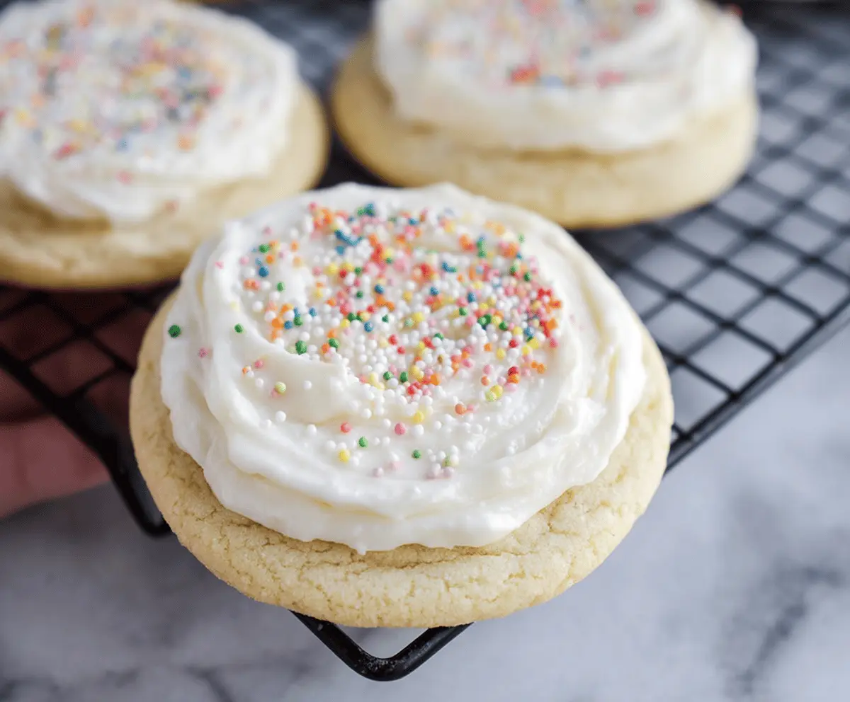Delicious Crumbl Vanilla Sugar Cookies on a plate with sprinkles