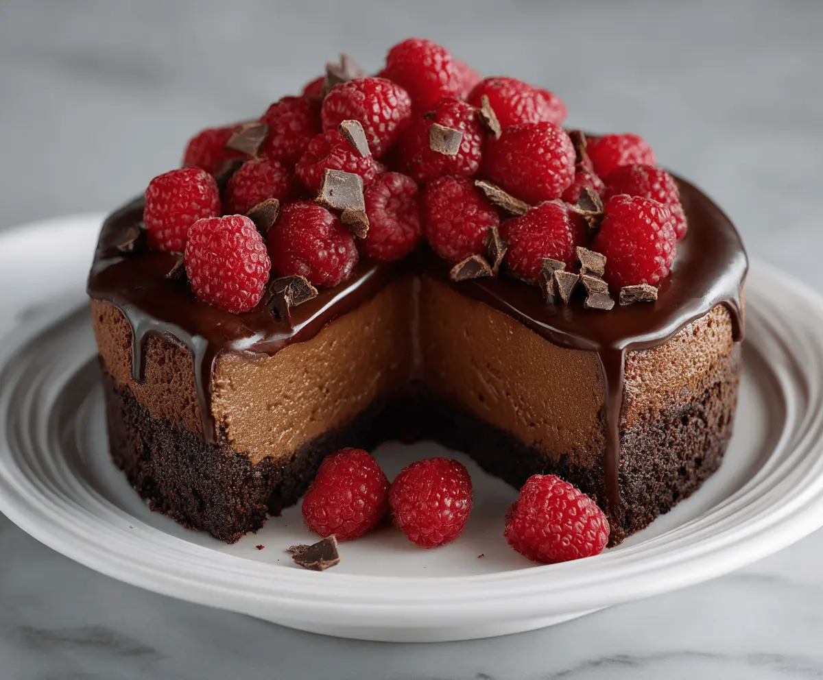 Delicious dark chocolate raspberry cheesecake topped with fresh raspberries and rich chocolate layers.