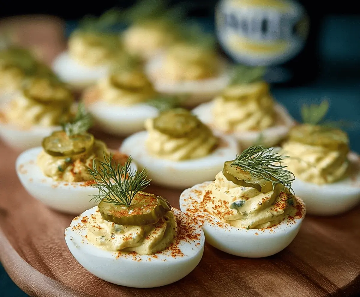 Creamy deviled eggs topped with crunchy dill pickle relish for Dill Pickle Deviled Eggs recipe.
